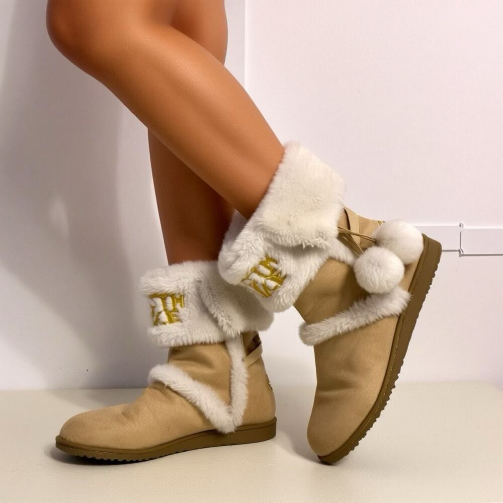 South Pole Women 9US 40 EU Faux Fur Pompom Eskimo Boots White Beige Mid Calf
